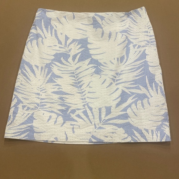 Talbots Tropical White and Blue Leaf Print Skirt 100% Cotton Seersucker Size 12 - Picture 1 of 9